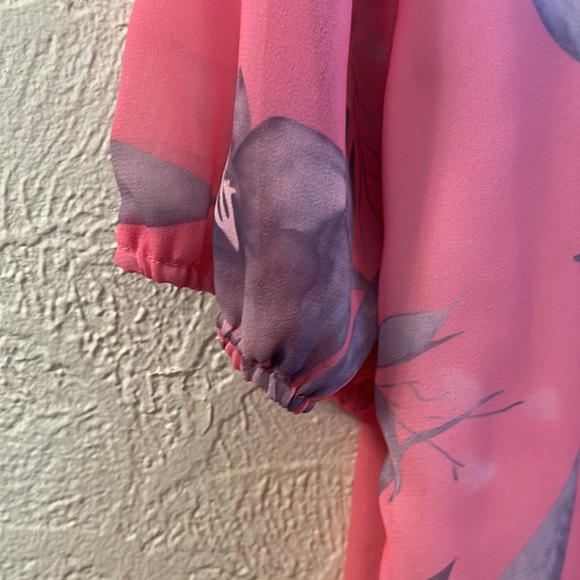 Sheer blouse, L, cotton/polyester,peach and grey floral, lined, 19.50”pit to pit - Picture 3 of 3